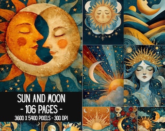 Sfondi digitali Sole e Luna / 106 sfondi celesti stampabili / Arte mistica del Sole e della Luna / Pagine per Junk Journal / Download immediato