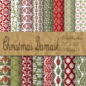 Kerstdamast digitaal papier - rood groen wit - decoratieve feestdagen achtergronden - 16 ontwerpen - 12 x 12 in - commercieel gebruik - INSTANT DOWNLOAD