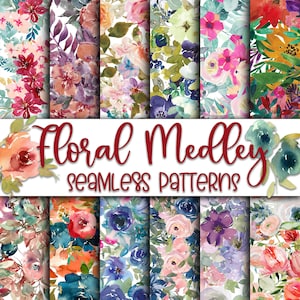 Floral Medley Digital Paper - SEAMLESS - Watercolor Flower Patterns -  12 Designs - 12x12in - Commercial Use - Floral Sublimation