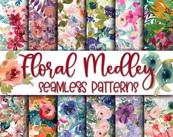 Floral Medley Digital Paper - SEAMLESS - Watercolor Flower Patterns -  12 Designs - 12x12in - Commercial Use - Floral Sublimation