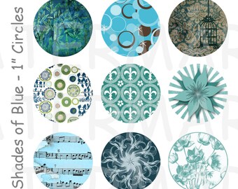 Shades of Blue - 4 x 6 Digital Collage Sheet  - 1 inch Round Circles - INSTANT DOWNLOAD