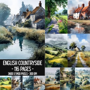 Könnte beinhalten: Eine Sammlung von Aquarellbildern der englischen Landschaft mit Steinhäusern, grünen Hügeln, Feldwegen und spiegelnden Bächen. Der Text lautet: ENGLISH COUNTRYSIDE - 116 PAGES - 3600 X 5400 PIXELS - 300 DPI.