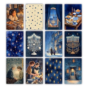May include: A collection of twelve rectangular art prints featuring Hanukkah themes in shades of blue, gold, and white. The illustrations depict menorahs, lit candles, snowy winter street scenes, and people celebrating in cozy indoor settings.