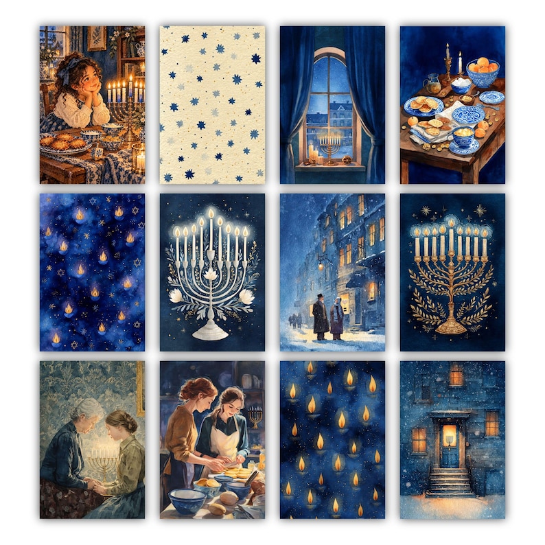 May include: A collection of twelve rectangular art prints featuring Hanukkah themes in shades of blue, gold, and white. The illustrations depict menorahs, lit candles, snowy winter street scenes, and people celebrating in cozy indoor settings.