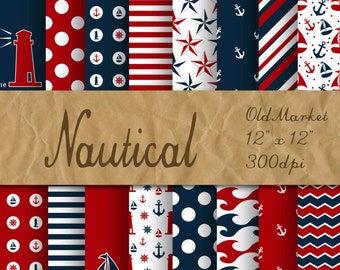 Nautical Digital Paper - Red and Navy Blue Backgrounds and Designs - 16 Designs - 12in x 12in - Commercial Use - INSTANT DOWNLOAD