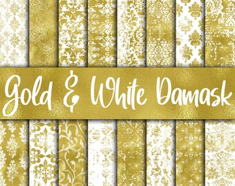 Papel digital damasco dorado y blanco sucio - Texturas y fondos damasco - 16 diseños - 30 x 30 cm - Uso comercial - DESCARGA INSTANTÁNEA