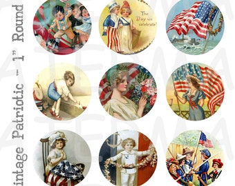 Vintage Patriotic - 4 x 6 Digital Collage Sheet  - 1 inch Round Circles - INSTANT DOWNLOAD