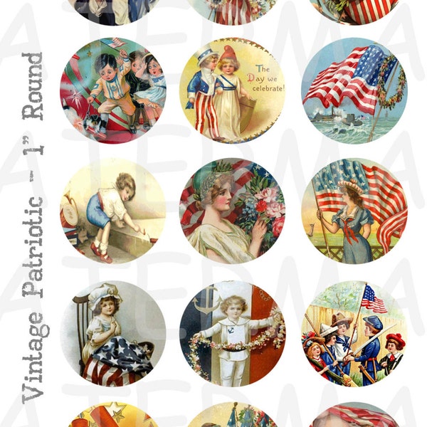 Vintage Patriotic - 4 x 6 Digital Collage Sheet  - 1 inch Round Circles - INSTANT DOWNLOAD