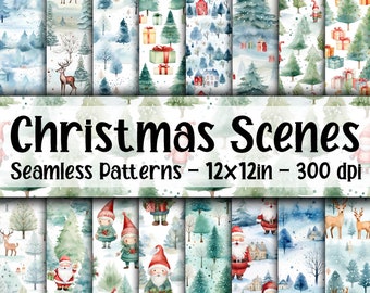 Watercolor Christmas Scenes SEAMLESS Patterns - Christmas Digital Paper - 16 Designs - 12x12in - Commercial Use