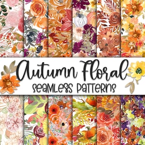 Papier numérique floral d'automne - sans couture - motifs de fleurs aquarelles d'automne - 12 modèles - 30,5 x 30,5 cm - usage commercial - sublimation florale
