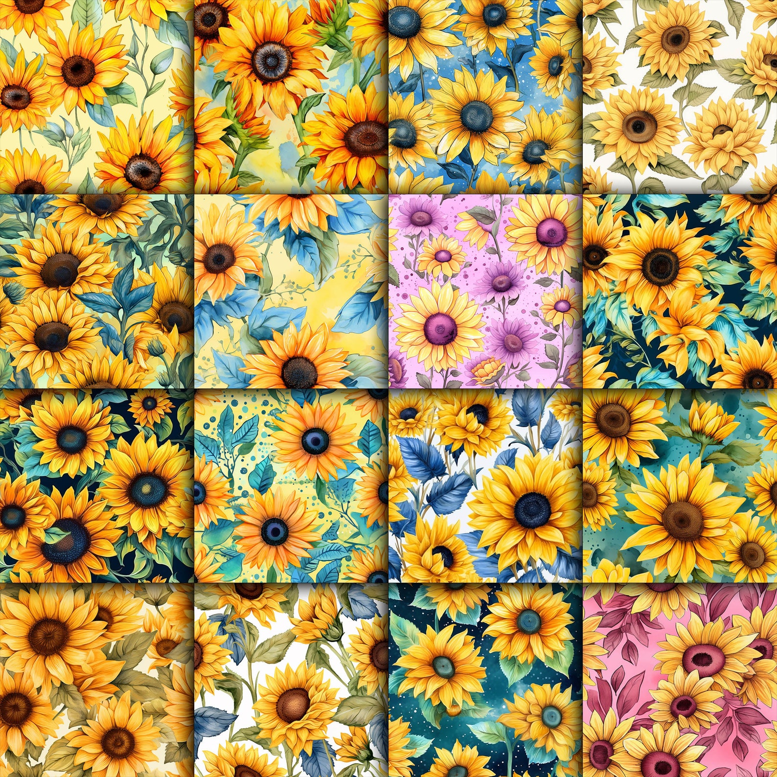 Sunflower SEAMLESS Patterns - Watercolor Sunflowers Digital Paper - 16 ...