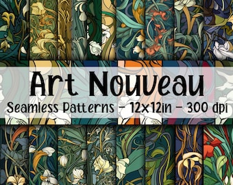 Art Nouveau SEAMLESS Patterns - Art Nouveau Digital Paper - 16 Designs - 12x12in - Commercial Use - Art Nouveau Flowers