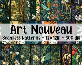 Art Nouveau SEAMLESS Patterns - Art Nouveau Digital Paper - 16 Designs - 12x12in - Commercial Use - Art Nouveau Flowers