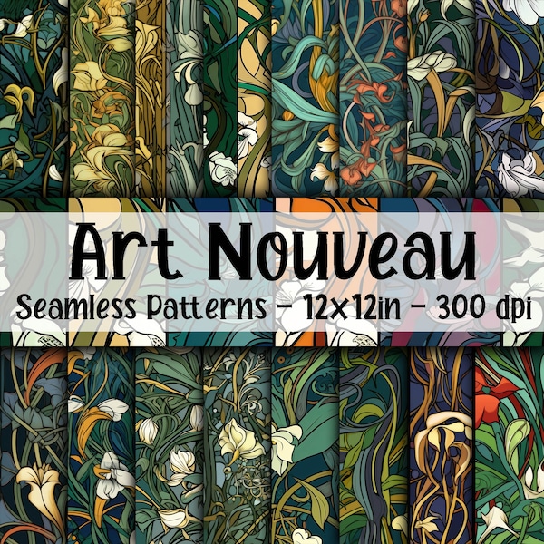 Art Nouveau SEAMLESS Patterns - Art Nouveau Digital Paper - 16 Designs - 12x12in - Uso commerciale - Fiori Art Nouveau