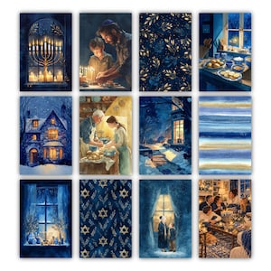 May include: A collection of twelve rectangular art prints featuring Hanukkah-themed illustrations in shades of blue, gold, and white. The images depict scenes of menorahs, family gatherings, snowy landscapes, and patterns with Star of David motifs.