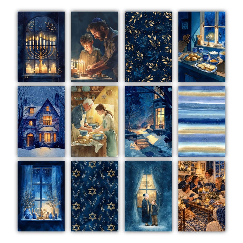 May include: A collection of twelve rectangular art prints featuring Hanukkah-themed illustrations in shades of blue, gold, and white. The images depict scenes of menorahs, family gatherings, snowy landscapes, and patterns with Star of David motifs.