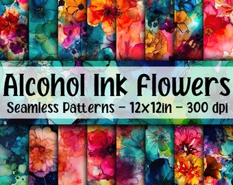 Alcohol Ink Flowers SEAMLESS Patterns - Floral Ink Digital Paper - 16 Designs - 12x12in - Commercial Use - Alcohol Ink Flowers Patterns