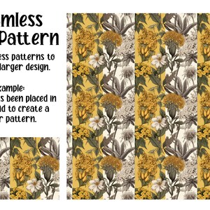 May include: A seamless floral pattern with yellow, white, and gray flowers on a yellow and white background. The pattern is tiled to create a larger design.