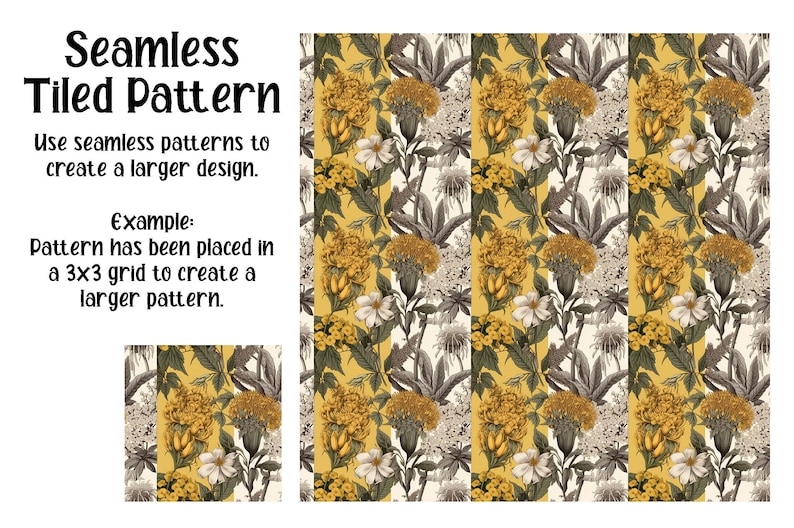May include: A seamless floral pattern with yellow, white, and gray flowers on a yellow and white background. The pattern is tiled to create a larger design.