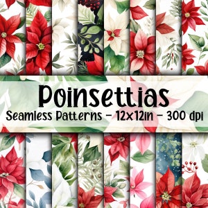 May include: Twelve digital paper designs featuring red and white poinsettia flowers with green leaves on a white background. The designs are seamless and perfect for creating holiday crafts, cards, and invitations.  The text "Poinsettias Seamless Patterns - 12x12in - 300 dpi" is displayed at the bottom of the image.