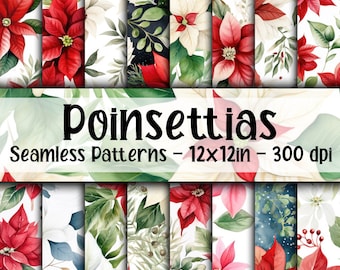 Watercolor Poinsettias SEAMLESS Patterns - Christmas Digital Paper - 16 Designs - 12x12in - Commercial Use