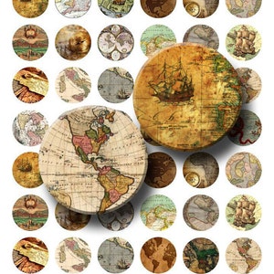 Antike Landkarten - Digitale Collage Sheet - 1 inch runde Kreise - INSTANT DOWNLOAD