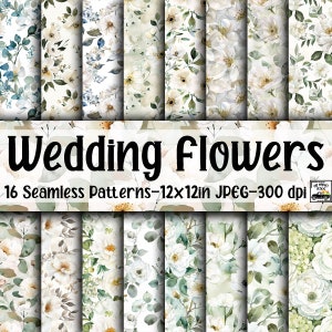 Bruiloft bloemen NAADLOZE patronen - Bloemen bruiloft digitaal papier - 16 ontwerpen - 12 x 12 in - commercieel gebruik - witte bruiloft bloemenpatronen