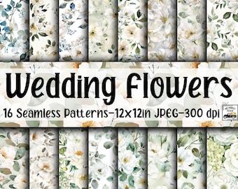 Puede incluir: 16 patrones de papel digital sin costuras con flores blancas y hojas verdes en acuarela sobre un fondo blanco. Los patrones son de 12x12 pulgadas y 300 dpi.