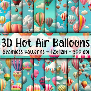 3D Heißluftballons SEAMLESS Patterns - Heißluftballons Digitales Papier - 16 Designs - 12 x 12 Zoll - Kommerzielle Nutzung - Heißluftballon Muster