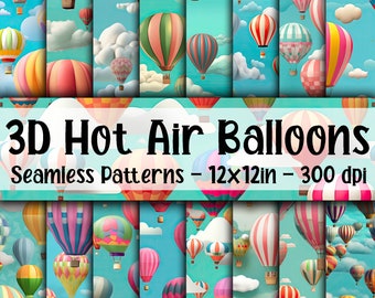 3D Hot Air Balloons SEAMLESS Patterns - Hot Air Balloons Digital Paper - 16 Designs - 12x12in - Commercial Use - Hot Air Balloon Patterns