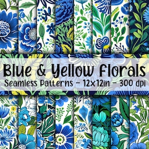 Motivi floreali blu e gialli senza cuciture - Carta digitale con fiori blu e gialli - 16 disegni - 12 x 12 pollici - Uso commerciale