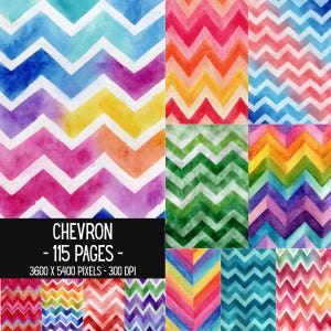 Puede incluir: Una colección digital de 115 páginas con patrones de chevron en acuarela en varias combinaciones de colores, incluyendo tonos arcoíris, azul, verde y rosa. El texto CHEVRON - 115 PAGES - 3600 X 5400 PIXELS - 300 DPI está impreso en blanco.