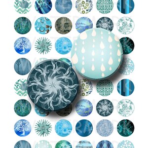 Könnte beinhalten: Set mit 36 runden, blauen und weißen Kreisen mit einem Durchmesser von 2,5 cm. Die Kreise zeigen verschiedene Designs, darunter geometrische Muster, florale Motive und abstrakte Designs. Die Kreise sind perfekt für Bastelprojekte, Scrapbooking und andere DIY-Projekte.