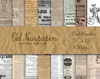 Old Newspapers Digital Paper - Old Paper Textures - 16 Designs - 12in x 12in - Commercial Use - INSTANT DOWNLOAD