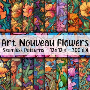 Art Nouveau bloemen NAADLOZE patronen - Art Nouveau bloemen digitaal papier - 16 ontwerpen - 12 x 12 in - commercieel gebruik - art nouveau patronen