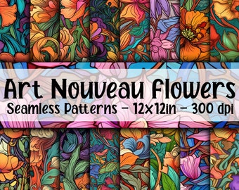 Art Nouveau Flowers SEAMLESS Patterns - Art Nouveau Florals Digital Paper - 16 Designs - 12x12in - Commercial Use - Art Nouveau Patterns
