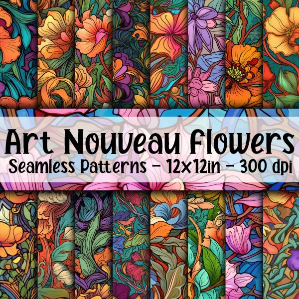 Art Nouveau Flowers SEAMLESS Patterns - Art Nouveau Florals Digital Paper - 16 Designs - 12x12in - Commercial Use - Art Nouveau Patterns