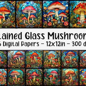 Stained Glass Mushrooms Digital Papers - Mushrooms Stained Glass Backgrounds - 16 Designs - 12in x 12in - Commercial Use