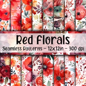 Red Floral SEAMLESS Patterns - Red Watercolor Flowers Digital Paper - 16 Designs - 12x12in - Commercial Use - Red Flower Patterns