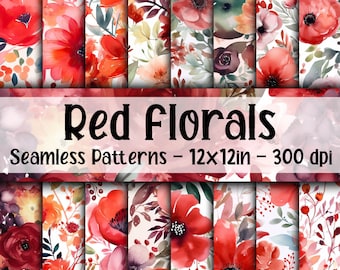 Red Floral SEAMLESS Patterns - Red Watercolor Flowers Digital Paper - 16 Designs - 12x12in - Commercial Use - Red Flower Patterns