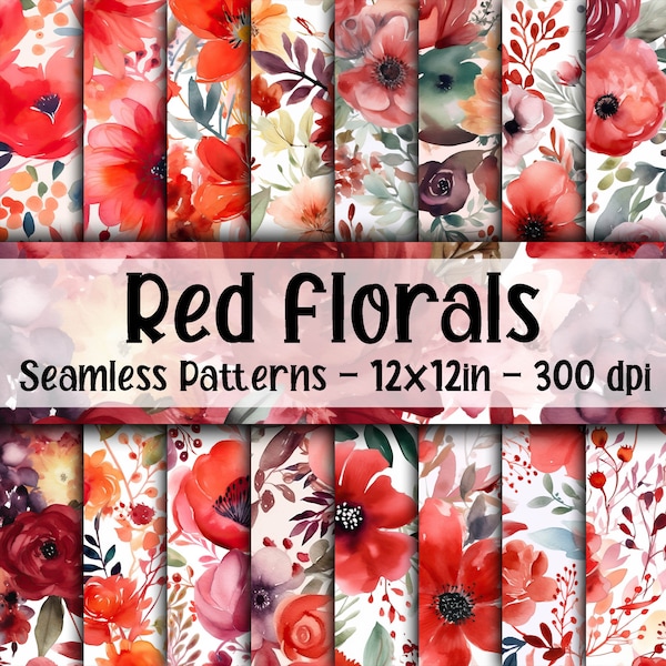 Red Floral SEAMLESS Patterns - Red Watercolor Flowers Digital Paper - 16 Designs - 12x12in - Commercial Use - Red Flower Patterns