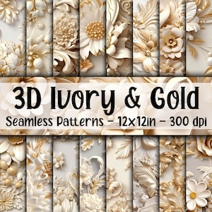 Motivi floreali 3D avorio e oro senza cuciture - Carta digitale con fiori 3D avorio e oro - 16 disegni - 12 x 12 pollici - Uso commerciale - Fiori 3D