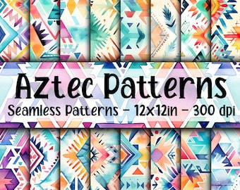 Watercolor Aztec SEAMLESS Patterns - Aztec Digital Paper - 16 Designs - 12x12in - Commercial Use - Watercolor Aztec Digital Paper