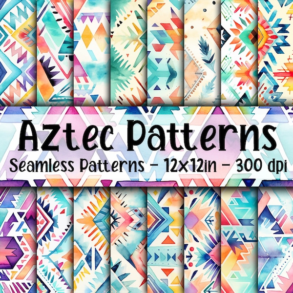 Watercolor Aztec SEAMLESS Patterns - Aztec Digital Paper - 16 Designs - 12x12in - Commercial Use - Watercolor Aztec Digital Paper