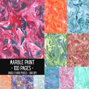May include: A digital collection of 100 marble paint background pages featuring swirling patterns in various colors including pink, red, orange, blue, green, and brown. The text MARBLE PAINT - 100 PAGES - 3600 X 5400 PIXELS - 300 DPI is displayed.