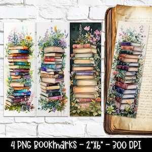 May include: Four watercolor bookmarks featuring stacks of books adorned with flowers and greenery. The books have colorful spines. The text at the bottom reads "4 PNG Bookmarks - 2"x6" - 300 DPI."