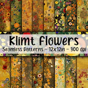 Gustav Klimt Inspired Flowers SEAMLESS Patterns - Carta digitale Klimt Flowers - 16 design - 12 x 12 pollici - Uso commerciale - Motivo floreale Klimt