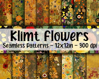 Gustav Klimt Inspired Flowers SEAMLESS Patterns - Klimt Flowers Digital Paper - 16 Designs - 12x12in - Commercial Use - Klimt Floral Pattern