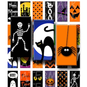 Puede incluir: Un juego de 12 dominós con temática de Halloween. Los dominós presentan varios iconos de Halloween como un fantasma, una calabaza, una araña, un gato, un esqueleto y un castillo. Los dominós son negros, naranjas, blancos y morados.