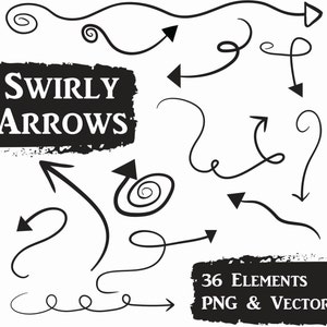 Verwirbelte Pfeile Clip Art Set - Doodle Pfeile - Kommerzielle Nutzung Vektor Clipart - Enthält 36 Bilder im PNG- und EPS-Format - SOFORTIGER DOWNLoAd